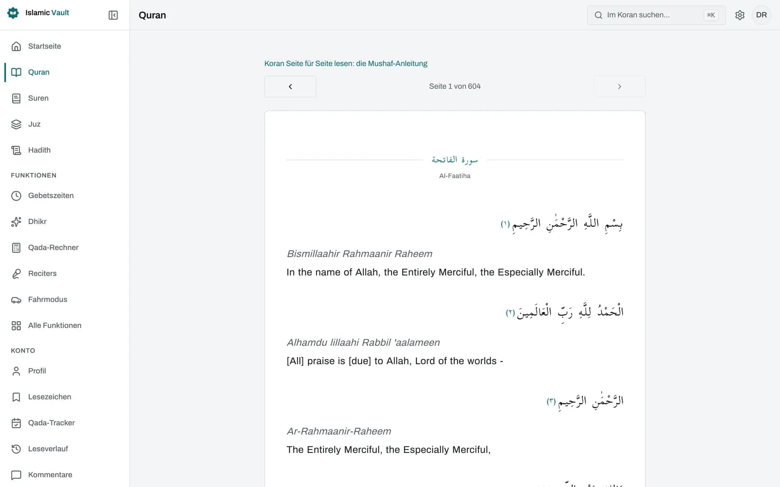 Eine Koranseite im Mushaf-Reader von Islamic Vault: vokalisierter arabischer Text, der von rechts nach links fließt, mit nummerierten Versmarken, der Anzeige „Seite 42 von 604“ und Pfeilen für vorige und nächste Seite.