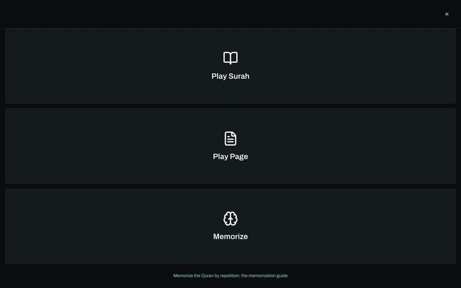 Memorize mode playing a surah in Driver Mode: surah name, current ayah number, a Repeat 2/3 counter, and large play, pause, previous and next buttons on a full-screen layout.