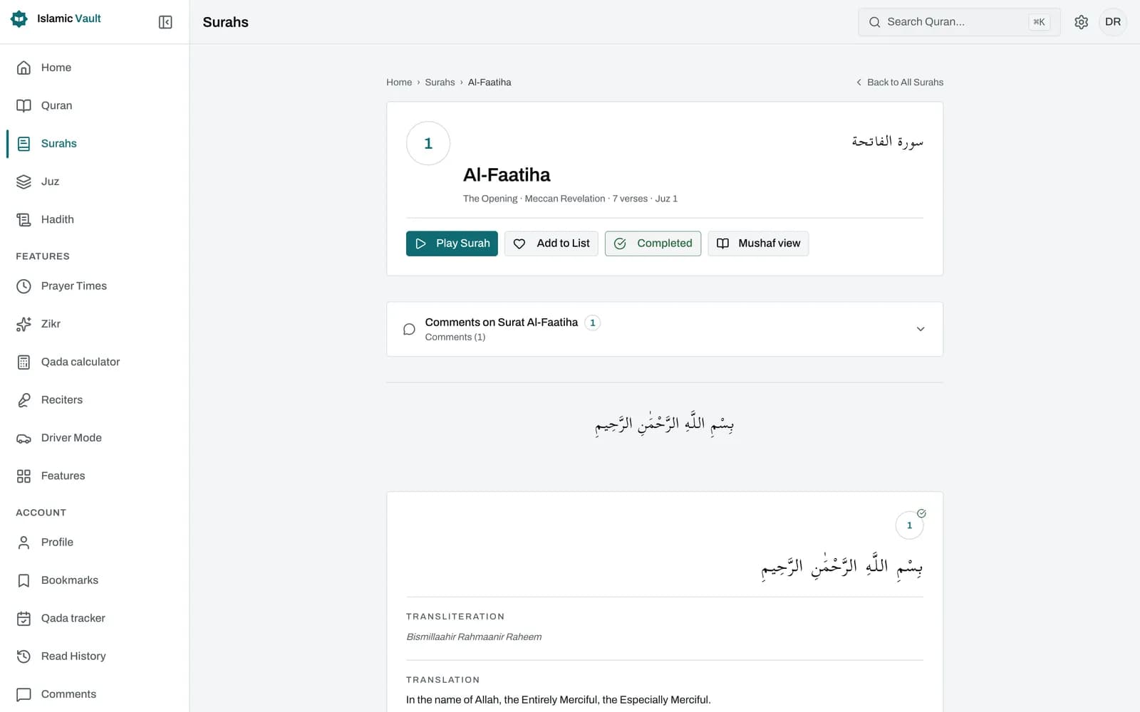 Surah Al-Fatiha in the Quran reader: each ayah shows the vowelled Arabic text, an English transliteration line and the Saheeh International translation, with play, copy, bookmark and share buttons beside it.