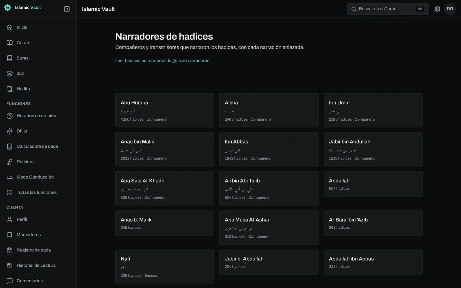 Página del narrador Abu Huraira en Islamic Vault, con su nombre en inglés y en árabe, un recuento de 4.250 hadices y las primeras tarjetas de hadiz de la lista