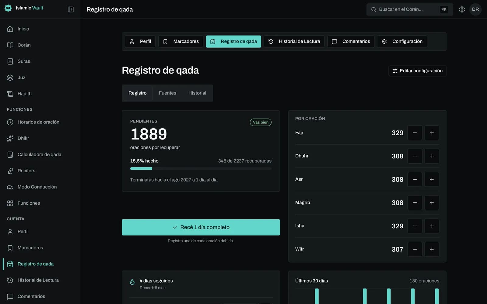 Panel del seguimiento de qada con las oraciones pendientes en total y por oración, botones de más y menos, porcentaje recuperado, meta diaria con fecha de fin, racha y un gráfico de barras de 30 días.