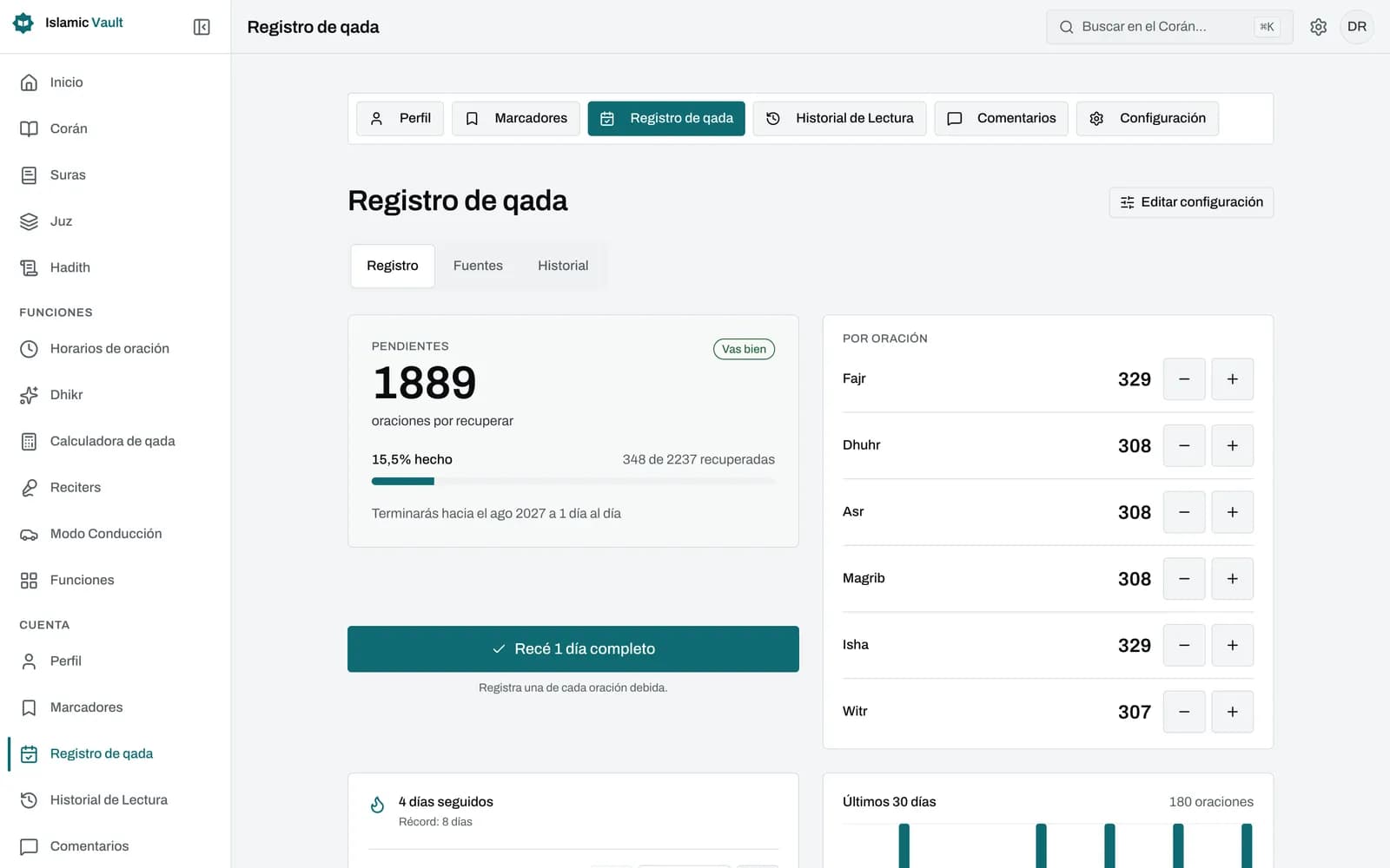 Panel del seguimiento de qada con las oraciones pendientes en total y por oración, botones de más y menos, porcentaje recuperado, meta diaria con fecha de fin, racha y un gráfico de barras de 30 días.