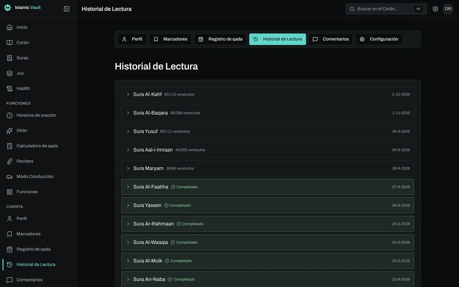 Lista de suras con un contador de progreso en cada tarjeta, una marca verde en los números de las aleyas leídas y un panel de perfil con aleyas leídas, porcentaje completado y racha de días.