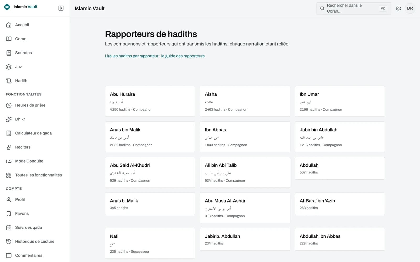 Page du rapporteur Abu Huraira dans Islamic Vault : son nom en caractères latins et en arabe, le total de 4 250 hadiths et les premières fiches de hadith de la liste