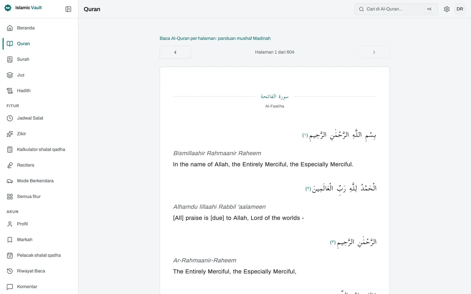 Sebuah halaman Al-Quran di pembaca mushaf Islamic Vault: teks Arab berharakat mengalir dari kanan ke kiri dengan penanda nomor ayat, label "Halaman 42 dari 604" serta panah sebelumnya dan berikutnya.
