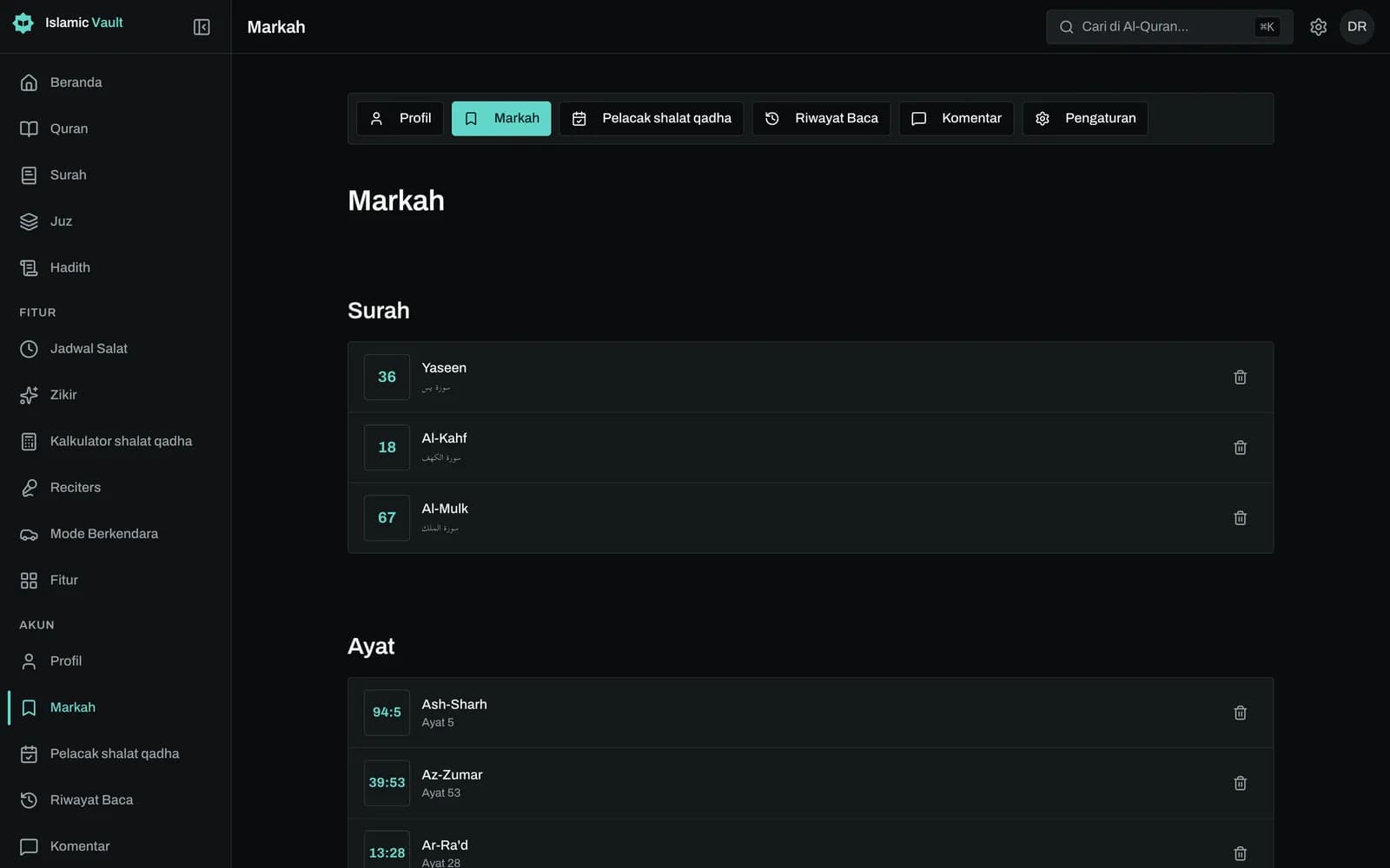 Pembaca Al-Quran dengan menu bookmark terbuka pada sebuah ayat, menampilkan daftar folder pengguna seperti Sabar dan pilihan Folder baru, serta ikon centang penuh pada ayat yang sudah tersimpan.