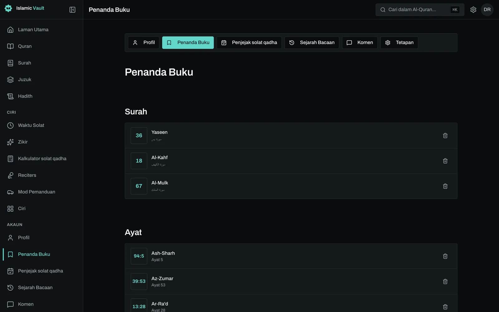 Pembaca Al-Quran dengan menu penanda buku terbuka pada satu ayat, menyenaraikan folder pengguna seperti Sabar dan pilihan Folder Baru, serta ikon semak berisi pada ayat yang sudah disimpan.