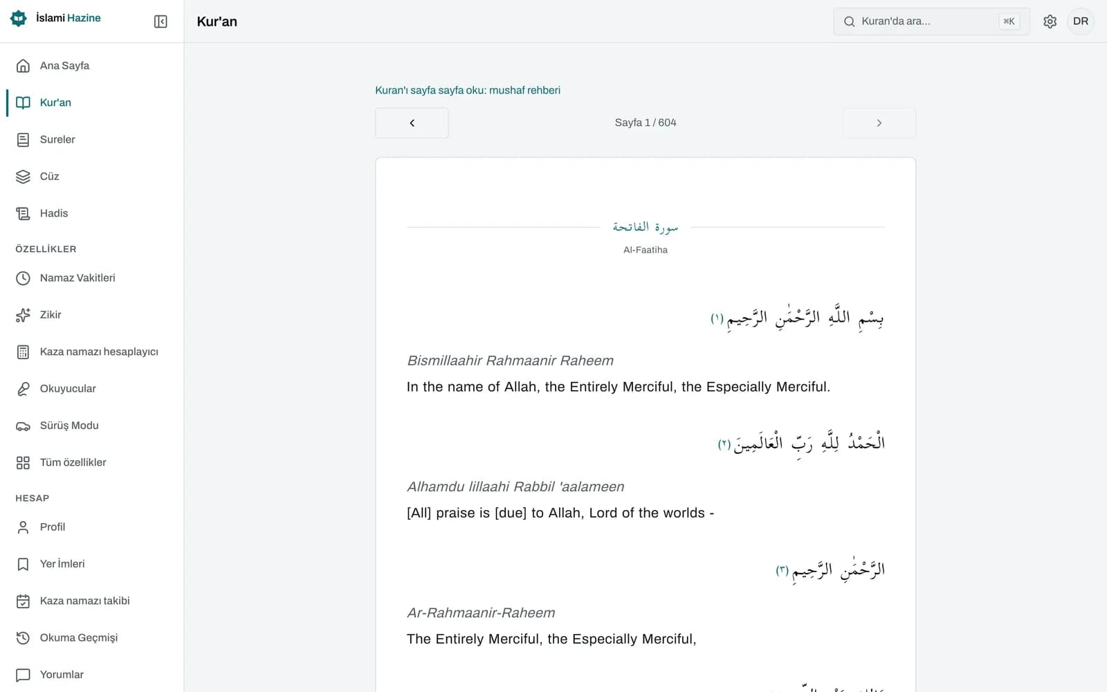 Islamic Vault mushaf okuyucusunda bir Kuran sayfası: sağdan sola akan harekeli Arapça metin, numaralı ayet işaretleri, "Sayfa 42 / 604" etiketi ve önceki ile sonraki sayfa okları.