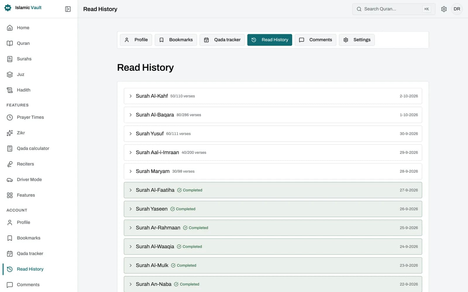 Surah list with a progress count on each surah card, a green check on read verse numbers, and a profile panel showing ayahs read, percent complete and day streak.