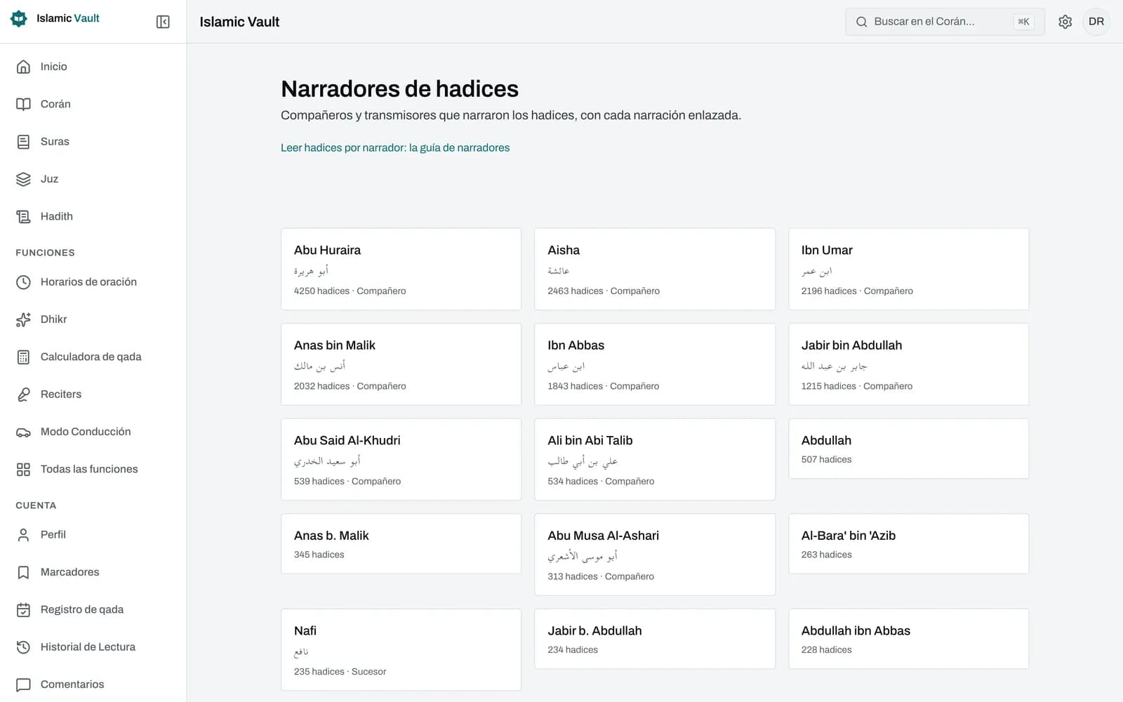 Página del narrador Abu Huraira en Islamic Vault, con su nombre en inglés y en árabe, un recuento de 4.250 hadices y las primeras tarjetas de hadiz de la lista