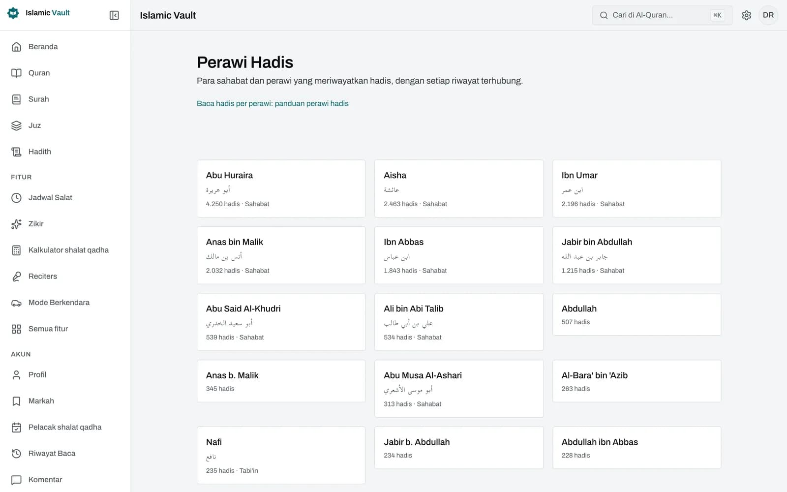 Halaman perawi Islamic Vault untuk Abu Huraira yang menampilkan namanya dalam huruf Latin dan Arab, jumlah 4.250 hadis, dan kartu-kartu hadis pertama dalam daftar