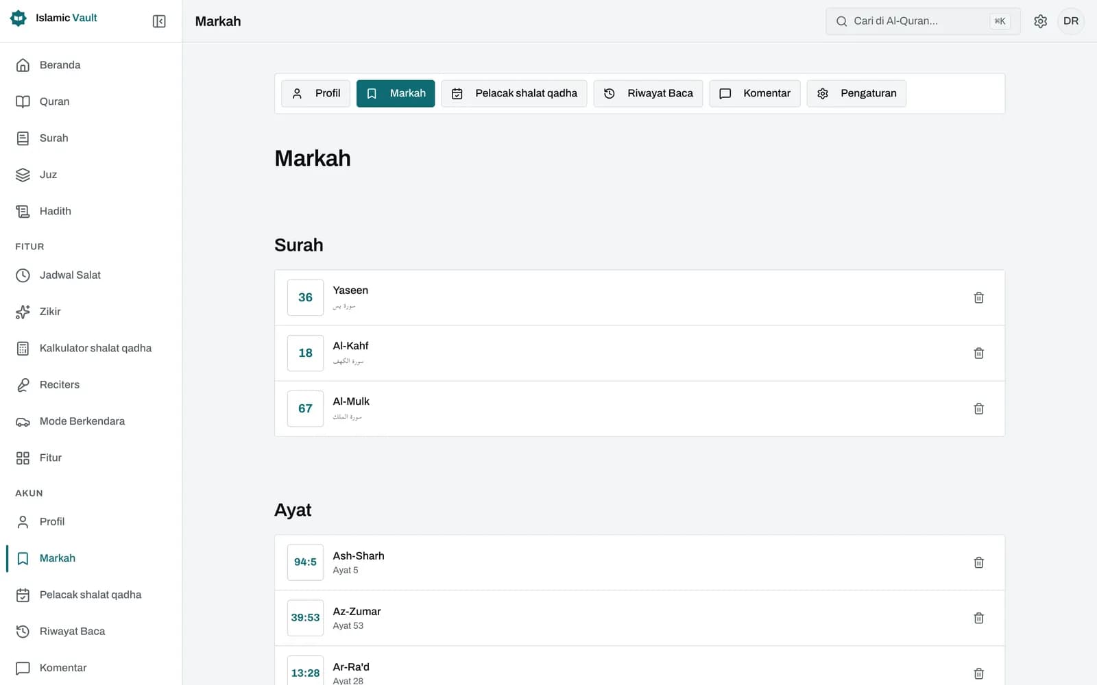 Pembaca Al-Quran dengan menu bookmark terbuka pada sebuah ayat, menampilkan daftar folder pengguna seperti Sabar dan pilihan Folder baru, serta ikon centang penuh pada ayat yang sudah tersimpan.