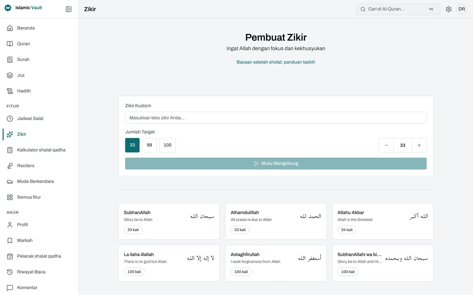 Penghitung Pembuat Zikir menampilkan Subhanallah dalam tulisan Arab besar di dalam tombol lingkaran dengan cincin progres, hitungan 12 dari 33 di bawahnya, serta tombol Urungkan dan Atur Ulang.
