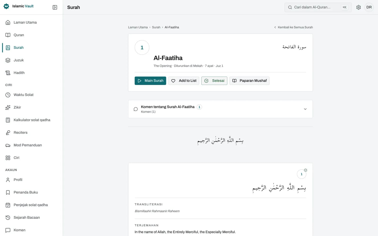 Surah Al-Fatihah dalam pembaca Al-Quran: setiap ayat memaparkan teks Arab berbaris, satu baris transliterasi rumi dan terjemahan Bahasa Melayu Basmeih, dengan butang main, salin, tanda dan kongsi di sebelahnya.