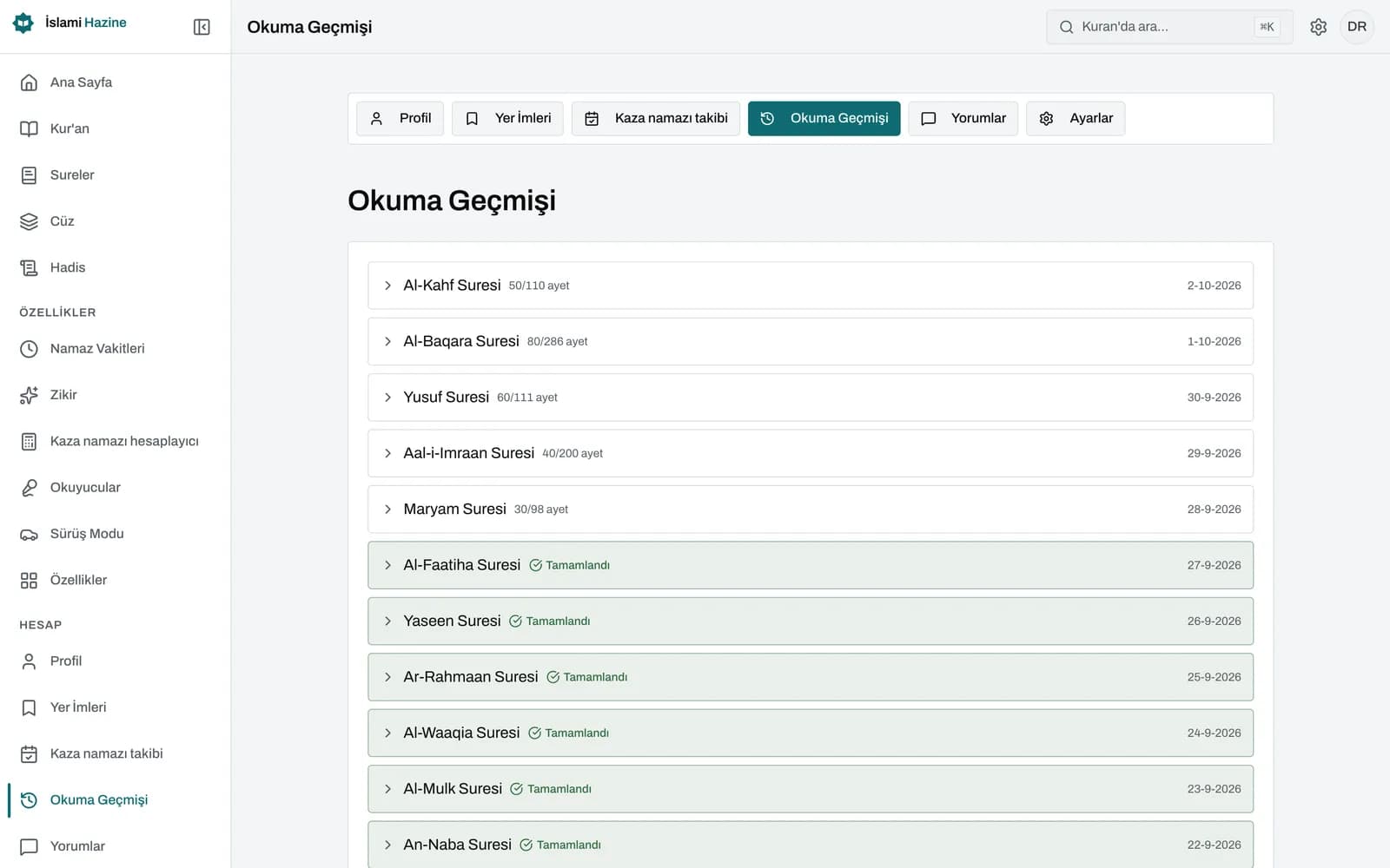 Her sure kartında ilerleme sayısı gösteren sure listesi, okunan ayet numaralarında yeşil onay işareti ve okunan ayet sayısı, tamamlanma yüzdesi ile gün serisini gösteren profil paneli.